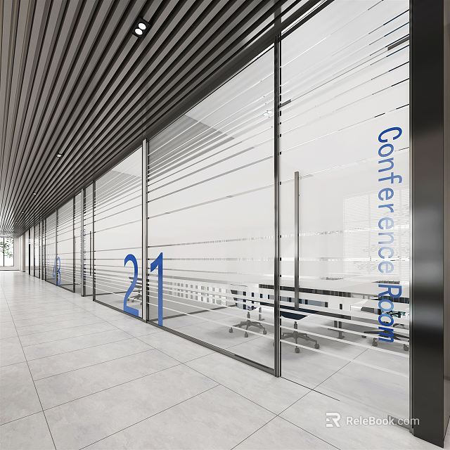 Modern Office Corridor With Glass Partitions Conference Room Sign Number 21 Linear Ceiling Tile Flooring 3d model 