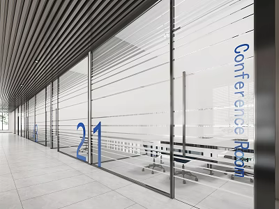 Modern Office Corridor With Glass Partitions Conference Room Sign Number 21 Linear Ceiling Tile Flooring 3d model