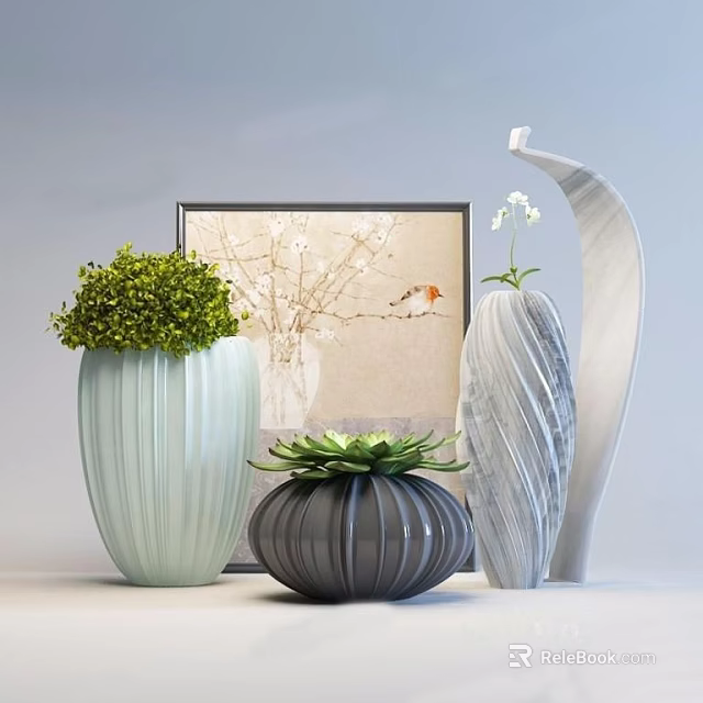 Green Gray And White Vases With Green Plants White Flowers And Framed Art 3d model 
