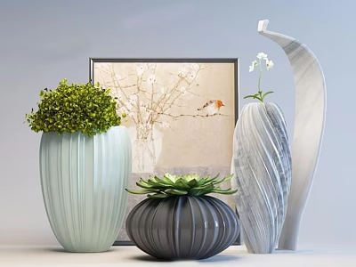 Green Gray And White Vases With Green Plants White Flowers And Framed Art 3d model