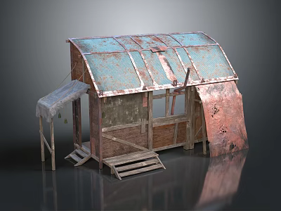 Wooden Cabin Featuring Rusted Metal Roof Blue Green Tint Wooden Steps and Small Awning 3d model