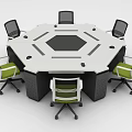 Hexagonal Conference Desk Featuring White Top Black Legs Green Chairs and Blue Screen Computers