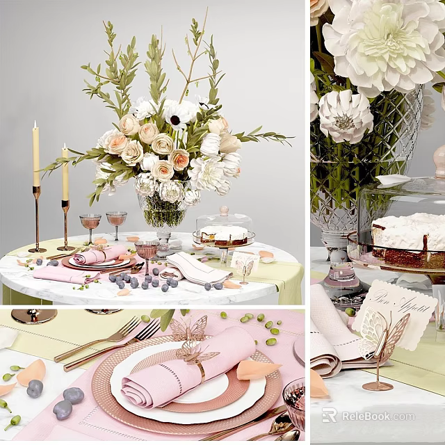 Elegant Pink Tableware Set With Floral Decor And Dessert Plates On Table Setting 3d model 