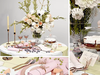 Elegant Pink Tableware Set With Floral Decor And Dessert Plates On Table Setting 3d model