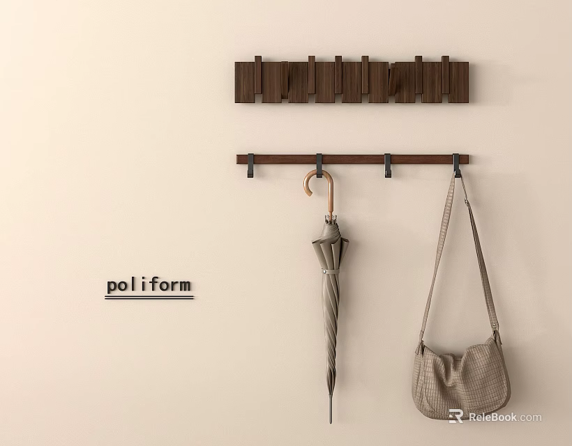 Poliform Wooden Wall Hooks With Hanging Umbrella And Bag On Beige Wall 3d model 
