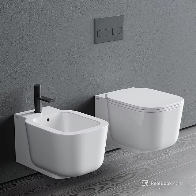 Modern White Wall Mounted Toilet With Matching Bidet Against Gray Wall And Wooden Floor 3d model 