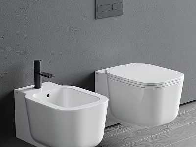 Modern White Wall Mounted Toilet With Matching Bidet Against Gray Wall And Wooden Floor 3d model