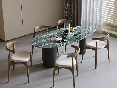 Elegant Modern Round Green Marble Dining Table With Wooden Upholstered Chairs 3d model