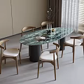 Elegant Modern Round Green Marble Dining Table With Wooden Upholstered Chairs