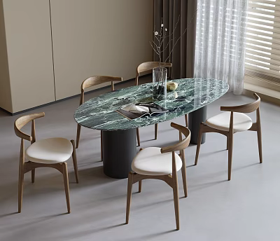 Elegant Modern Round Green Marble Dining Table With Wooden Upholstered Chairs 3d model
