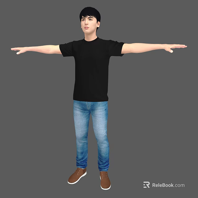 Man Standing With Outstretched Arms In Black T-Shirt Blue Jeans Brown Shoes Against Gray Background 3d model 