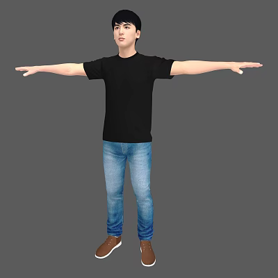 Man Standing With Outstretched Arms In Black T-Shirt Blue Jeans Brown Shoes Against Gray Background 3d model