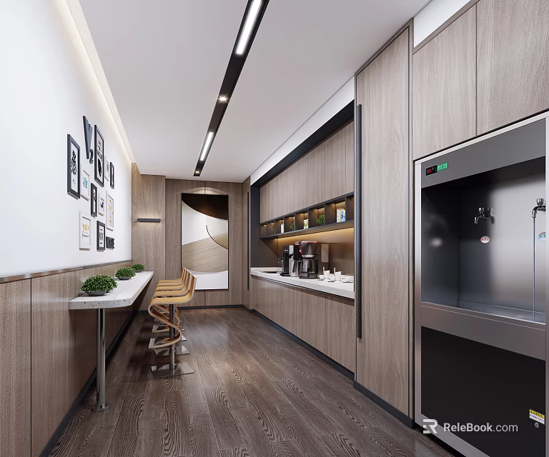 Modern Pantry Interior Design With Wooden Cabinets Bar Counter Bar Stools And Water Dispenser 3d model 