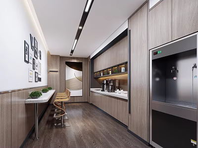 Modern Pantry Interior Design With Wooden Cabinets Bar Counter Bar Stools And Water Dispenser 3d model