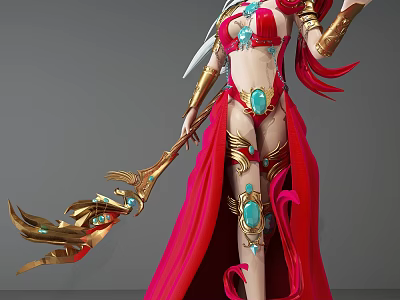 Game And Movie Character With Red Long Hair Dress Golden Ornaments Blue Gemstone Weapon 3d model