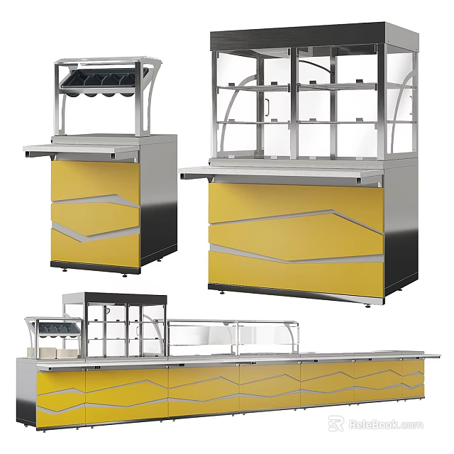 Modern Milk Tea Shop Interior With Yellow Counter Display Cabinet Layered Drawers And Silver Equipment 3d model 