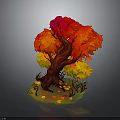 Autumn Tree With Red And Yellow Leaves Surrounded By Mushrooms And Fallen Leaves