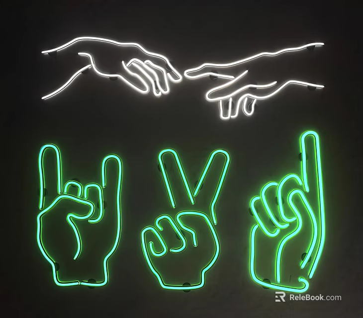 White and Green Neon Decorative Lights with Various Hand Gesture Designs 3d model 