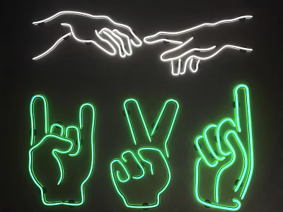 White and Green Neon Decorative Lights with Various Hand Gesture Designs 3d model
