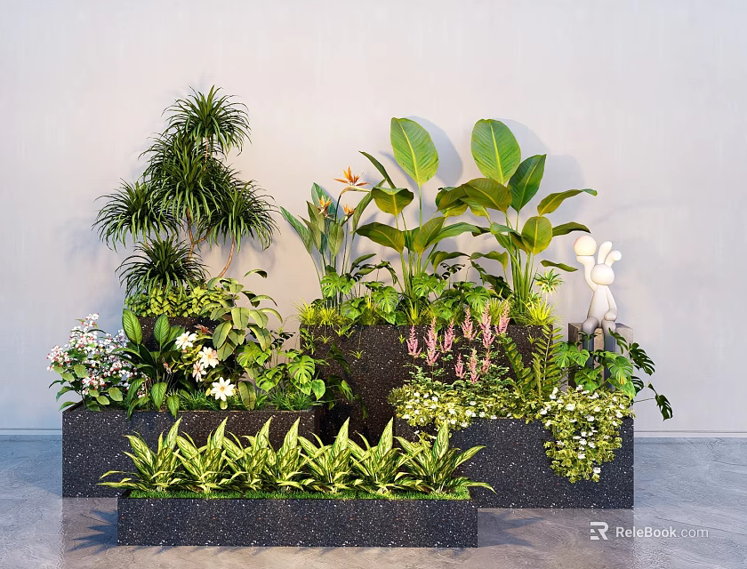 Different Types Of Green Plants In Black Planter Boxes Against White Wall 3d model 