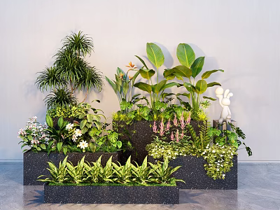 Different Types Of Green Plants In Black Planter Boxes Against White Wall 3d model