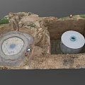 Construction Site With Circular Concrete Structures In Dirt And Grass Area 3d model