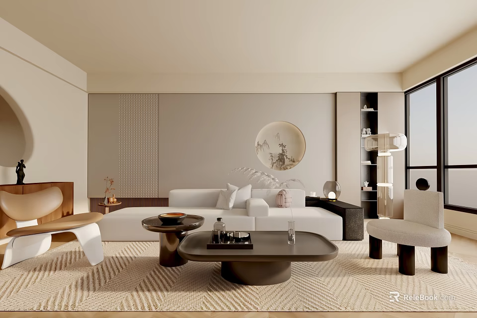 Elegant Modern Living Room Interior With Beige Sofa Round Decorative Painting Floor Lamp And Coffee Table 3d model 