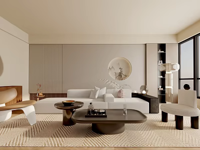 Elegant Modern Living Room Interior With Beige Sofa Round Decorative Painting Floor Lamp And Coffee Table 3d model