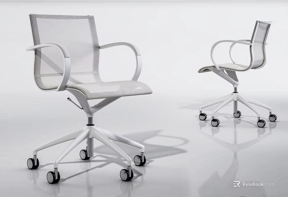 White Modern Office Chair With Mesh Back Curved Arms And Swivel Casters 3d model 