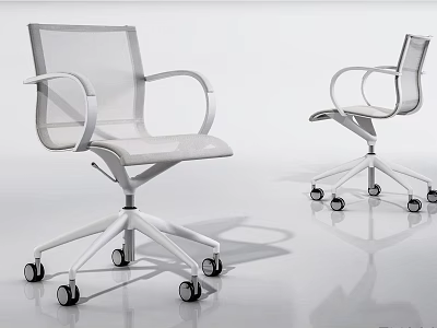 White Modern Office Chair With Mesh Back Curved Arms And Swivel Casters 3d model