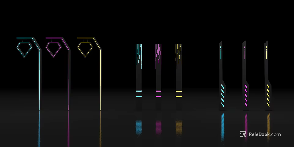 Modern Neon Light Installations With Geometric Shapes And Colorful Reflections 3d model