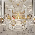 Luxurious Banquet Hall Interior with Crystal Chandeliers Elegant Stage Round Dining Tables and Floral Decorations