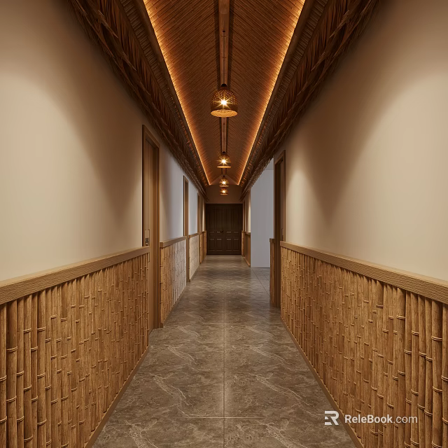 Warm Lit Hotel Corridor With Wooden Panel Walls Hanging Lights And Gray Stone Flooring 3d model 