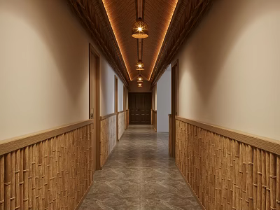 Warm Lit Hotel Corridor With Wooden Panel Walls Hanging Lights And Gray Stone Flooring 3d model