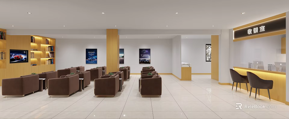 4S Car Dealership Waiting Area With Brown Sofas White Walls Car Posters And Light Floors 3d model 