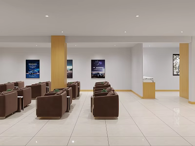4S Car Dealership Waiting Area With Brown Sofas White Walls Car Posters And Light Floors 3d model