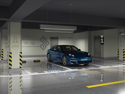 Modern Well Lit Parking Lot With Blue Car Zone Signs And Markings 3d model