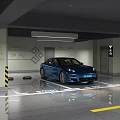Modern Well Lit Parking Lot With Blue Car Zone Signs And Markings