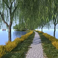 Scenic Cobblestone Path Lined With Weeping Willows Alongside Calm Lake And Yellow Flower Bushes