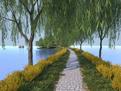 Scenic Cobblestone Path Lined With Weeping Willows Alongside Calm Lake And Yellow Flower Bushes 3d model