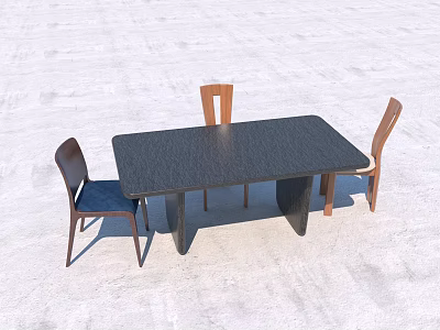 Modern Black Rectangular Dining Table With Three Wooden Chairs Set 3d model