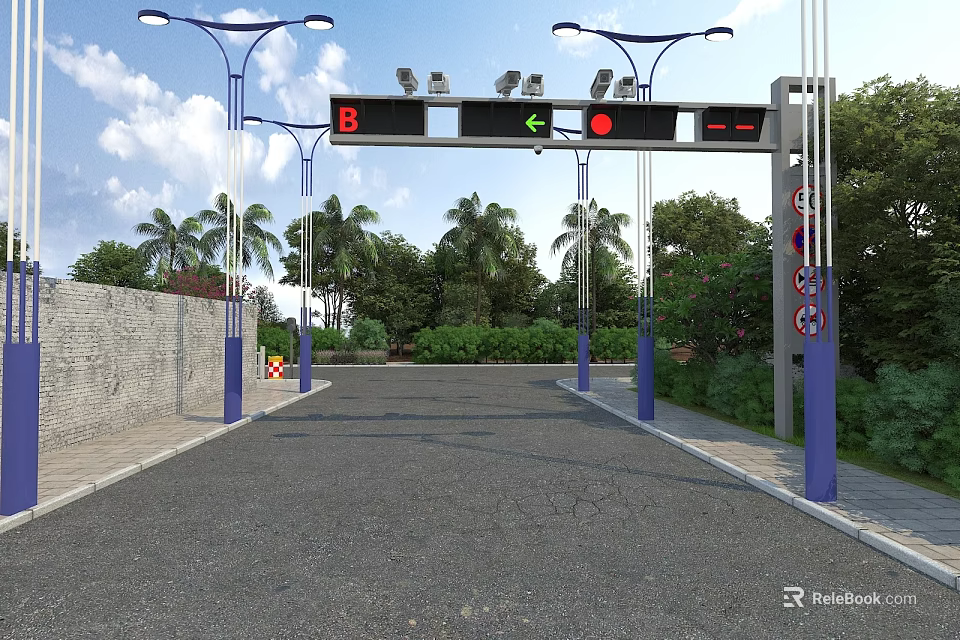 Garden Landscape Design with Street Lamps Traffic Lights Trees and Green Plants Along Road 3d model 