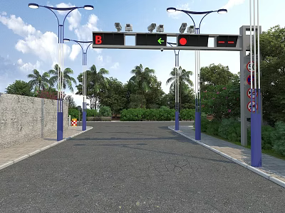 Garden Landscape Design with Street Lamps Traffic Lights Trees and Green Plants Along Road 3d model