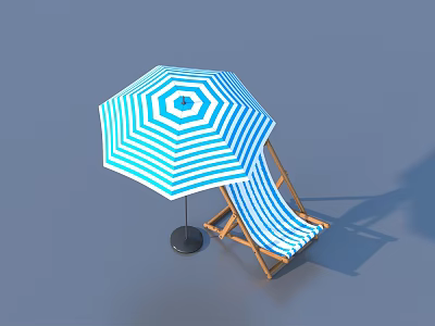 Blue and White Striped Outdoor Umbrella with Wooden Beach Chair for Summer 3d model