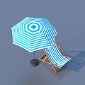 Blue and White Striped Outdoor Umbrella with Wooden Beach Chair for Summer