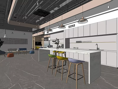Modern Break Room Interior With White Cabinets Hanging Lights Central Island And Colorful Bar Stools 3d model