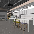 Modern Break Room Interior With White Cabinets Hanging Lights Central Island And Colorful Bar Stools