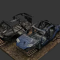 Severely Damaged Blue Car With Open Doors And Dented Shattered Body On Wooden Planks