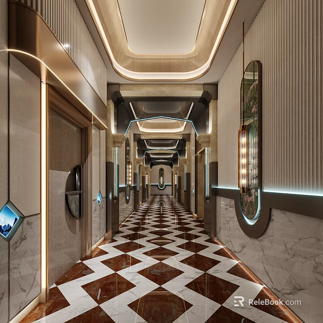 Luxurious KTV Corridor With Marble Flooring And Elegant Lighting 3d model 