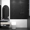 Modern Bathroom Interior With Gray Marble Walls Wooden Stripes Round Mirror And White Toilet
